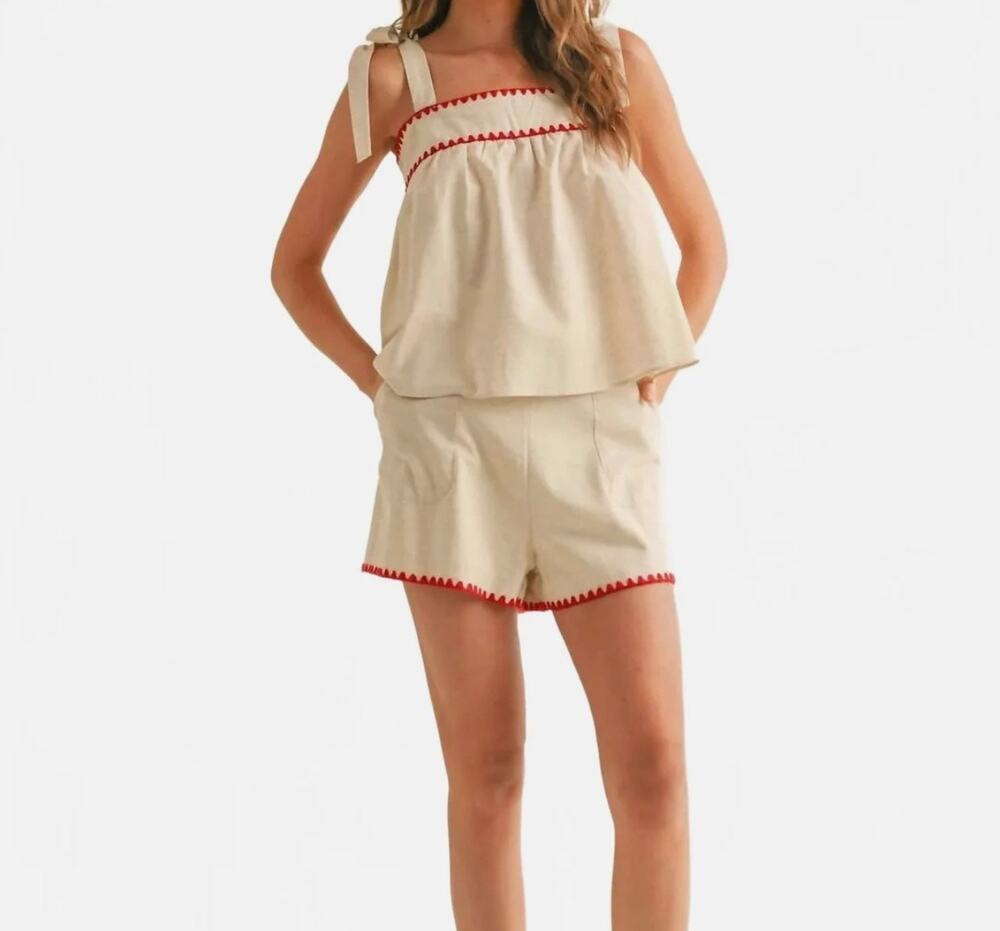 Miou Muse Emily Linen Blend Red Trim Two‑Piece Outfit Set Women’s Small